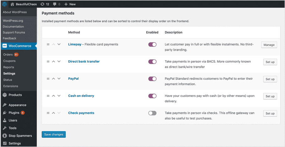 Woocommerce payment list